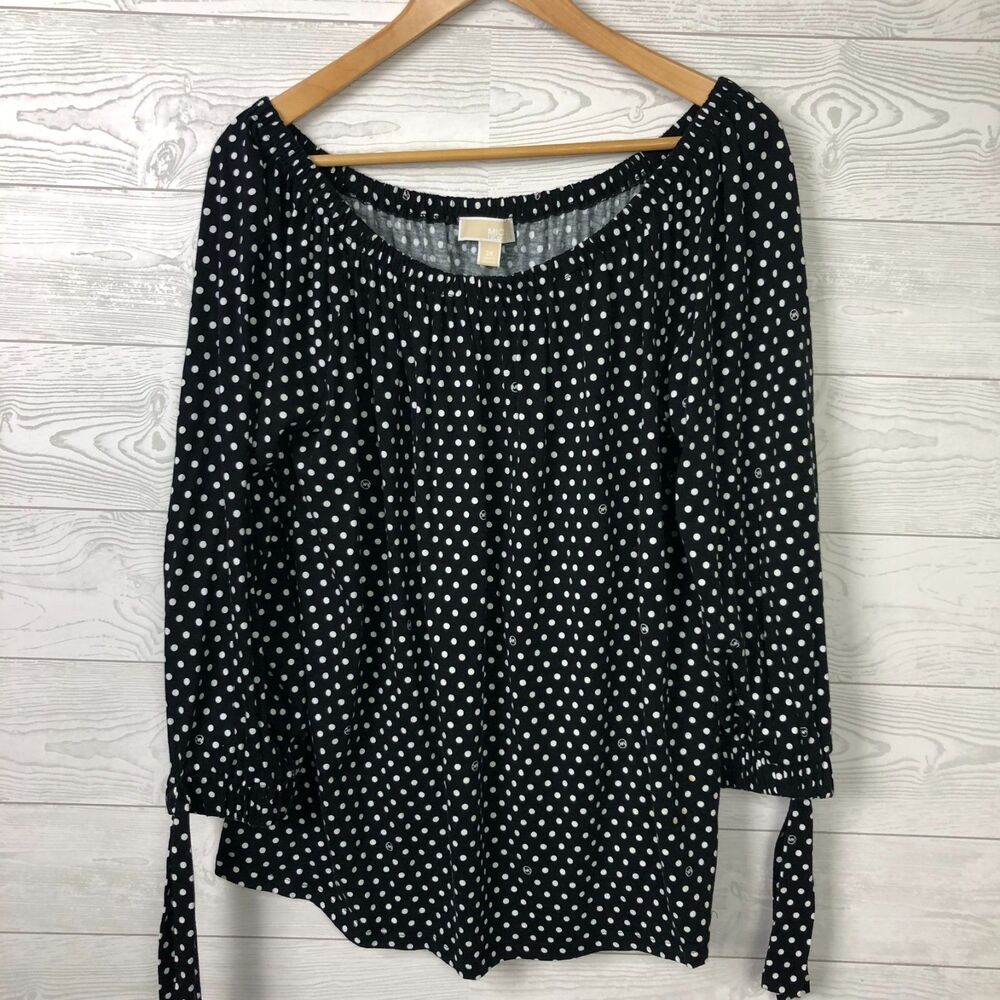 MICHAEL Michael Kors Women's 2X Polka Dot Off The Shoulder Top Tie Sleeves Shirt